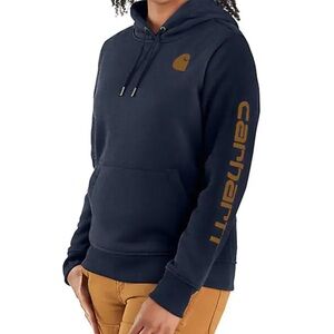 CARHARTT Women’s Relaxed Fit Midweight Logo Hoodie XS (0-2) Navy Blue Tan